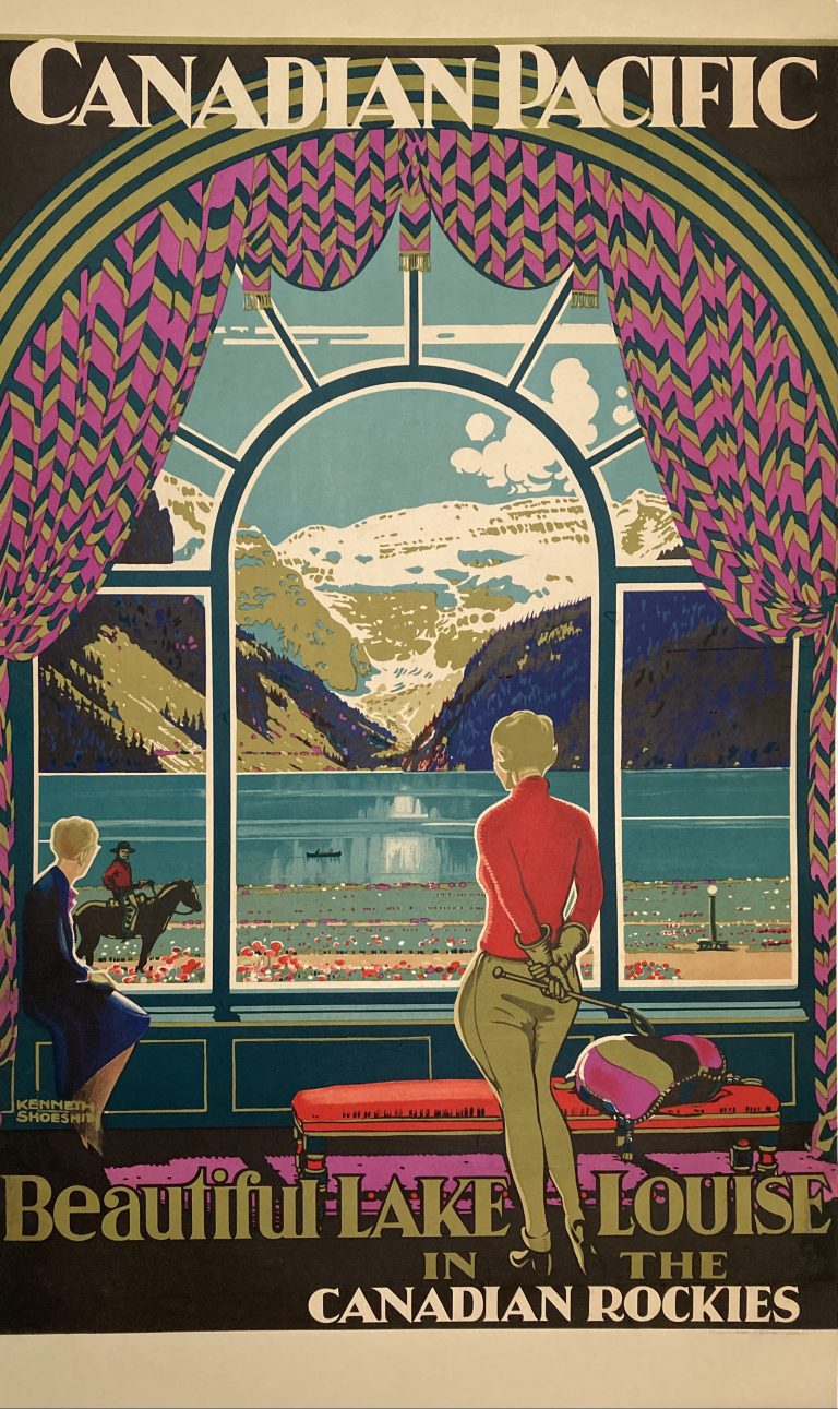 poster for Canadian Pacific; Two women looking over Lake Louise in the Canadian Rockies