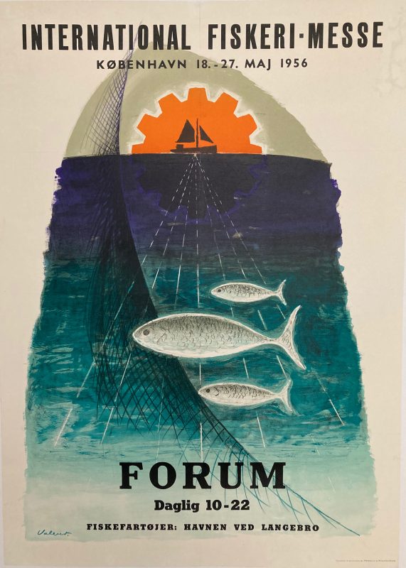 poster for International Fishing Fair; Modern design of fishing boat, fish and fishing nets.