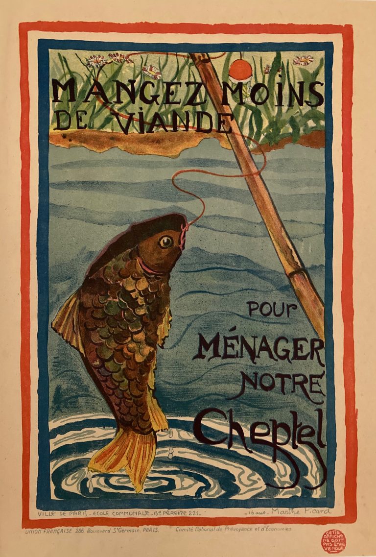 eat less meat poster with a Fish on a fishing line