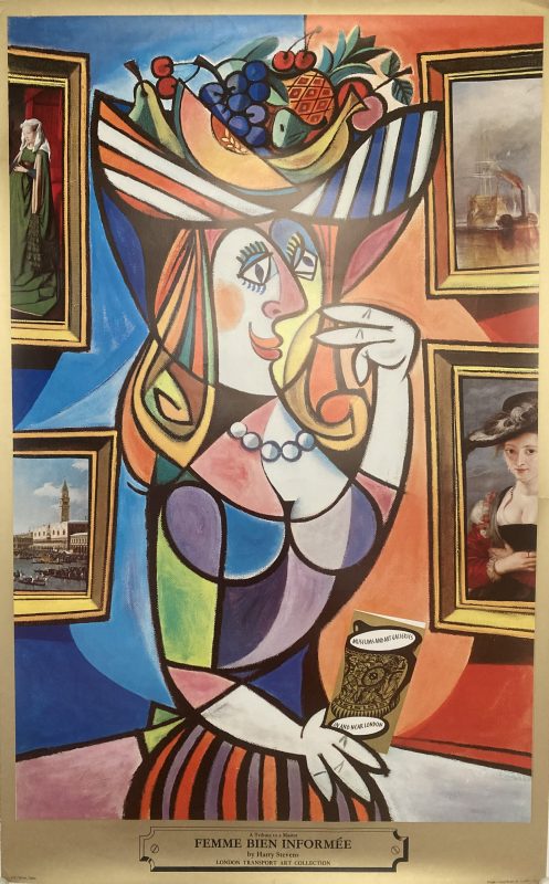 poster advertising for London Transport London Museums; Tribute to Picasso, woman looking at art in a London museum