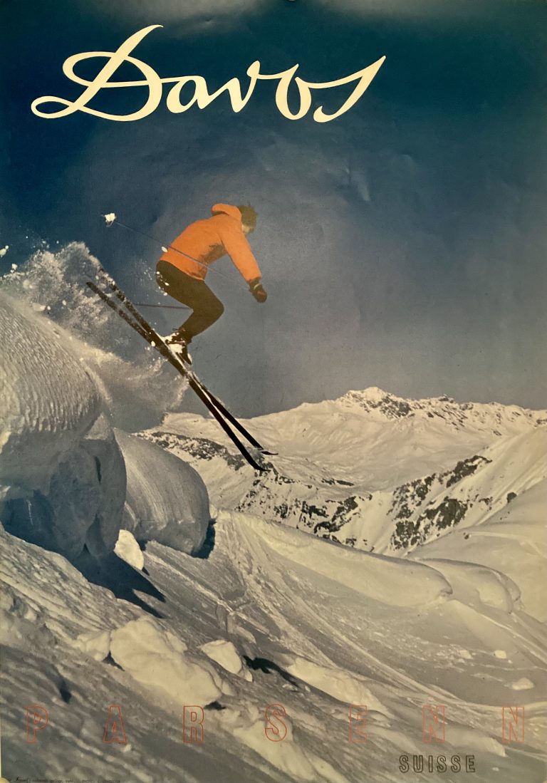 Davos downhill ski poster; Man skiing downhill