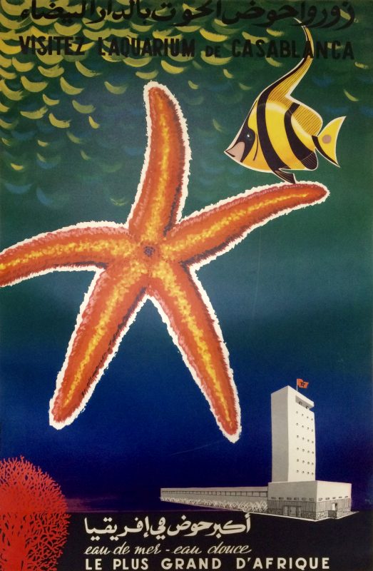 Aquarium de Casablanca poster; starfish and angelfish and modernist building of aquarium