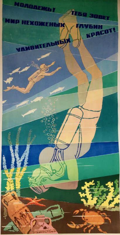 poster for diving in Russia; Stylised diver underwater