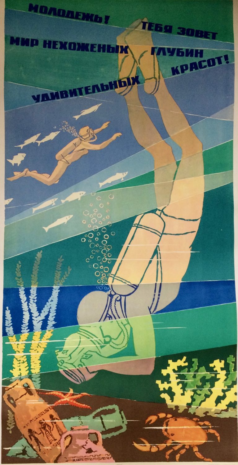 poster for diving in Russia; Stylised diver underwater