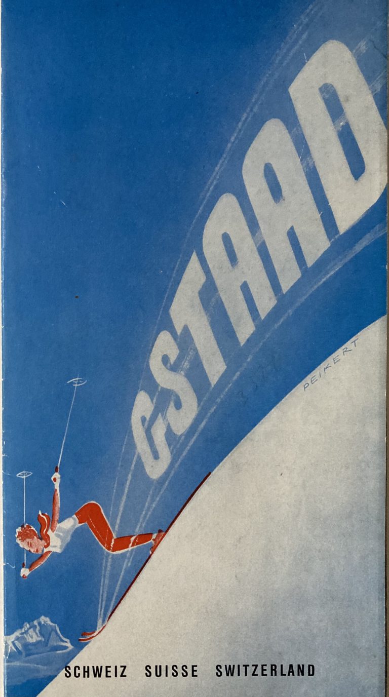 travel brochure for Gstaad; girl skiing downhill in Gstaad