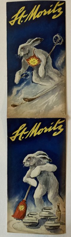 Travel brochure for St. Moritz; Skiing rabbit and rabbit on ice-rink