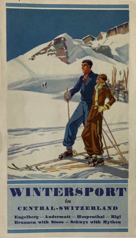 Brochure for Wintersport skiing; Art deco couple standing on the ski slopes