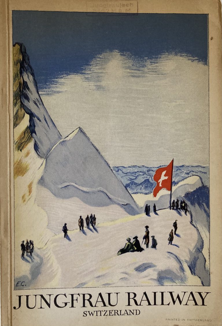 Brochure for Jungfrau Railway Switzerland; People sitting and standing on Swiss mountain