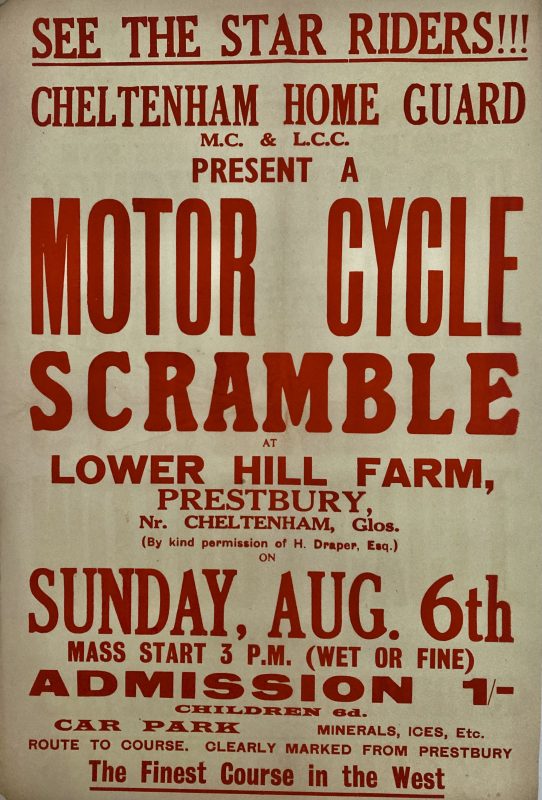 letterpress poster motor cycle scramble Lower Hill Farm; Letterpress poster for British Motor Cycle Scramble at Lower Hill Farm Prestbury