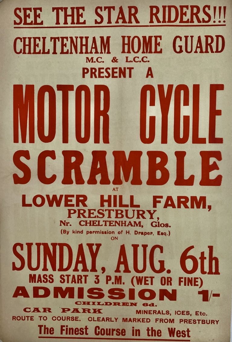 letterpress poster motor cycle scramble Lower Hill Farm; Letterpress poster for British Motor Cycle Scramble at Lower Hill Farm Prestbury