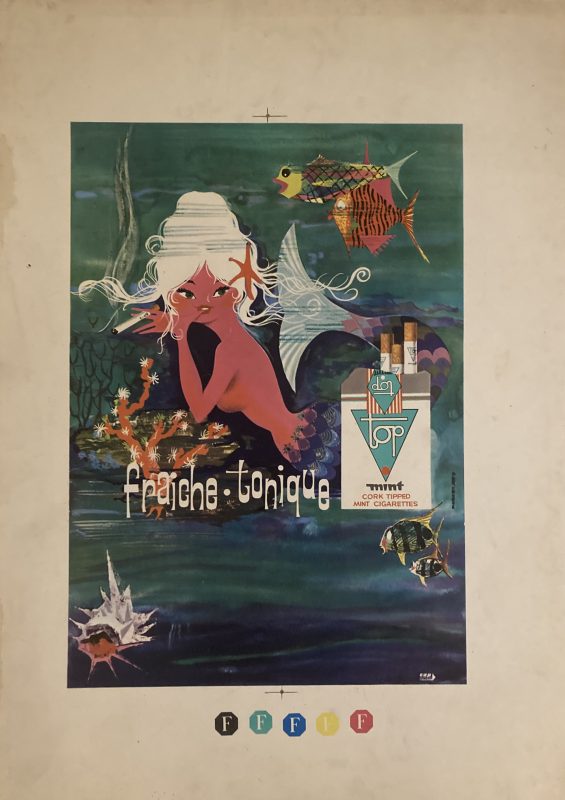 Top Cigarettes; Pretty mermaid smokes a cigarette underwater surrounded by fish