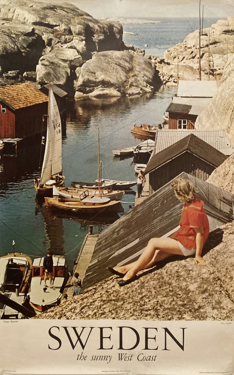 Sweden tourist board poster; Girl sitting looking over harbour