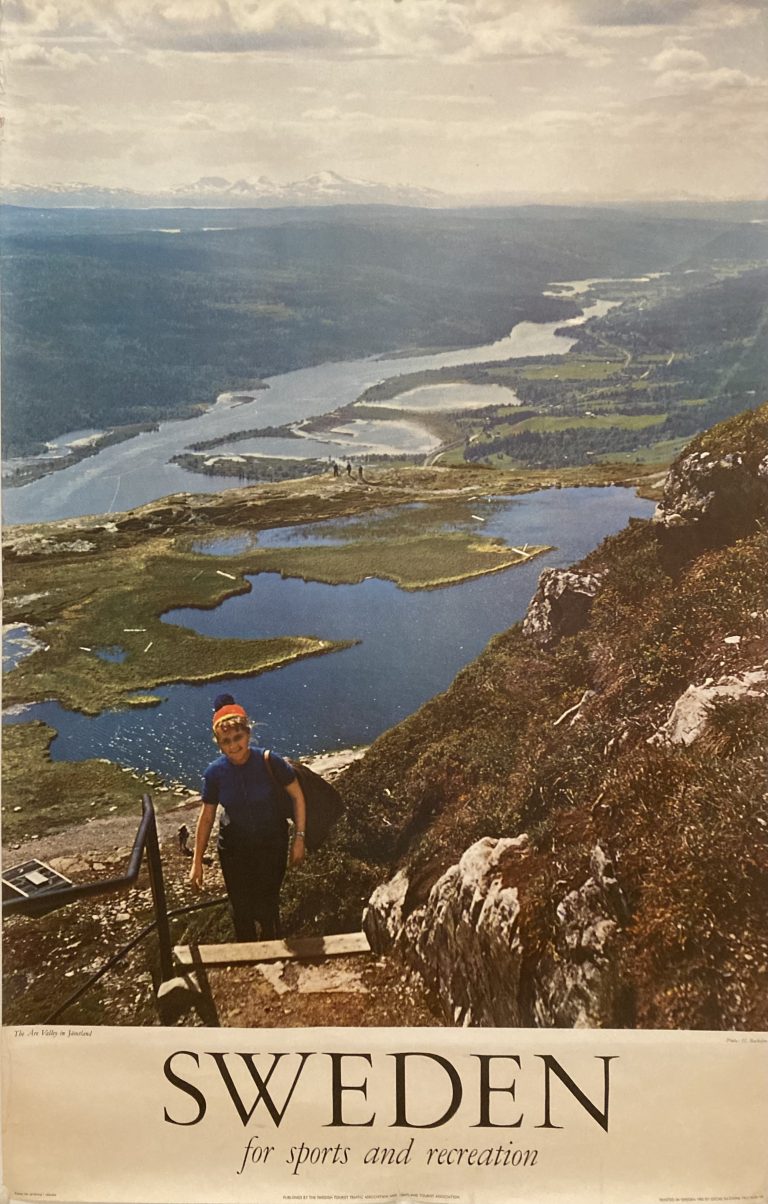 tourist poster for Sweden; Hiker climbing with sea and shore in background