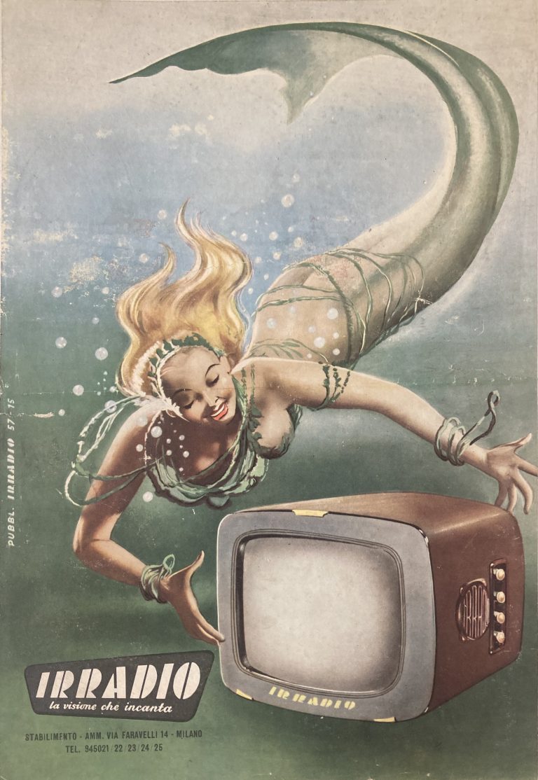 Ad for Irradio; Mermaid underwater with early TV