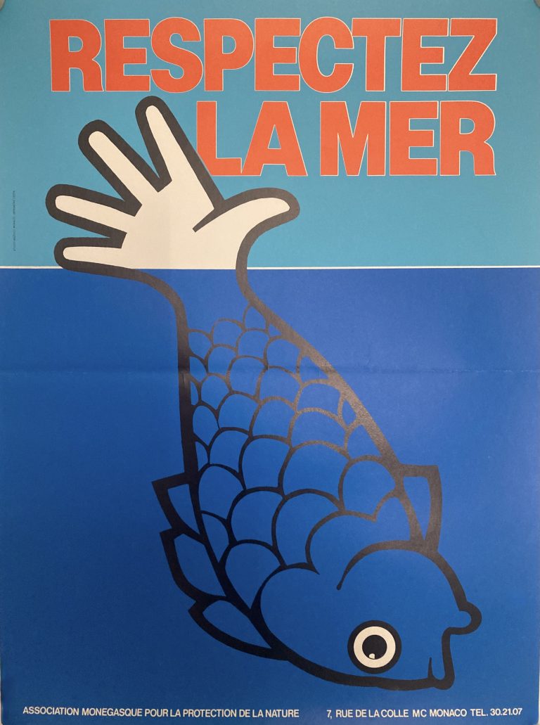 poster for respectez la mer; Hand coming out of blue water, fish underwater against blue background