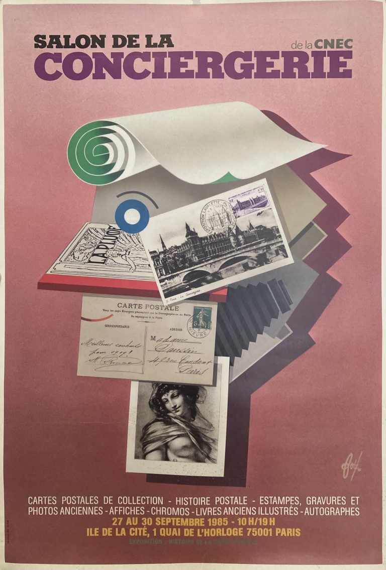 poster for postcard fair in Paris 1985; Head made up of old postcards against pink background