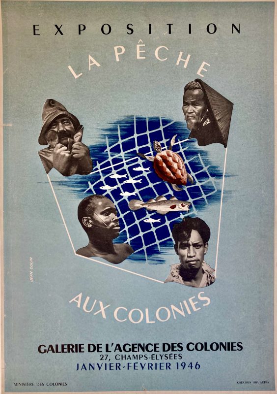 poster for exposition la pêche aux colonies; photomontage of fish and photos against blue background