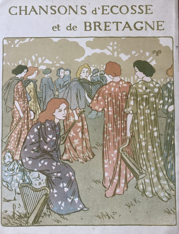 poster for chansons d'ecosse et de bretagne; Art nouveau style girls in long dresses with harpiscords and musical instruments.