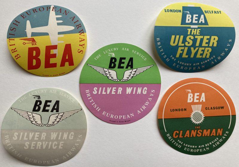 5 round luggage labels for BEA airline different logos with planes and wings