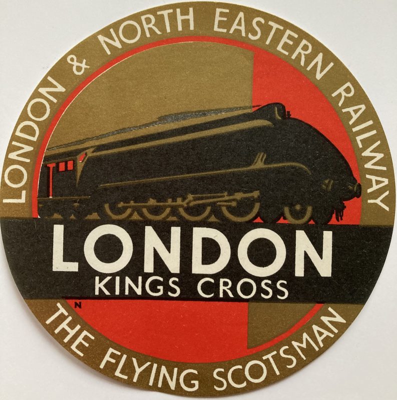 luggage label LNER London Kings Cross; The Flying Scotsman train art deco design