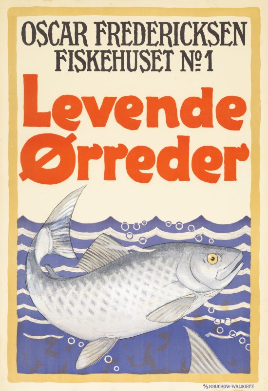 Lorrender Orreder Oscar Fredericksen poster; Silver trout swimming in stylised sea, below lettering