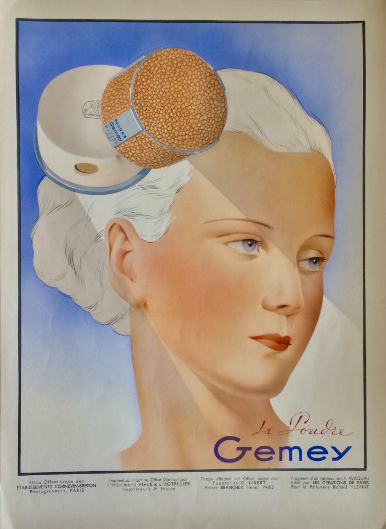 Advertising for La Poudre Gemey; Young woman's face with powder compact