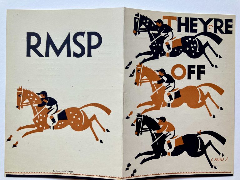 A horse race card with three stylised horses and riders