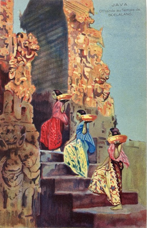 Java, champagne menu with three girls carrying offerings up temple steps in bowls