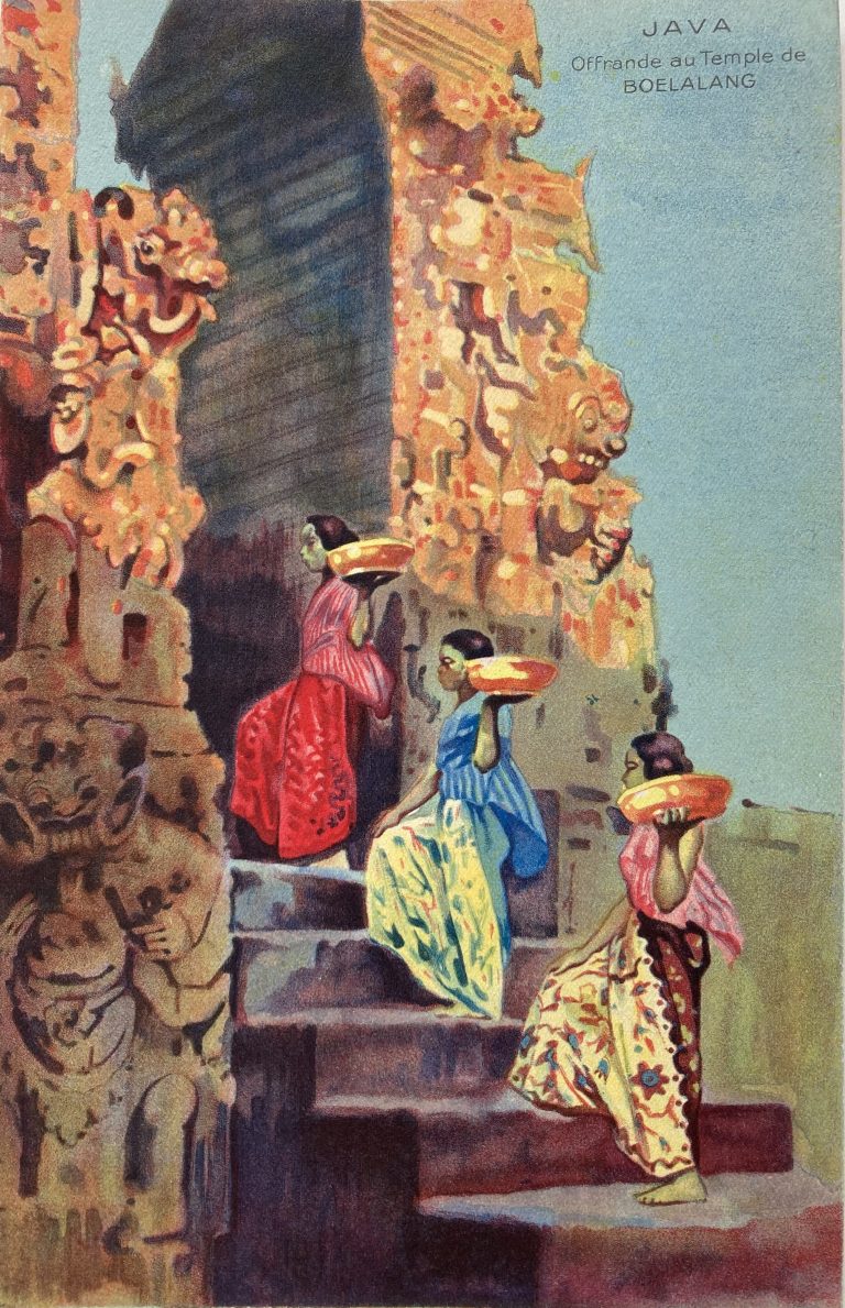 Java, champagne menu with three girls carrying offerings up temple steps in bowls