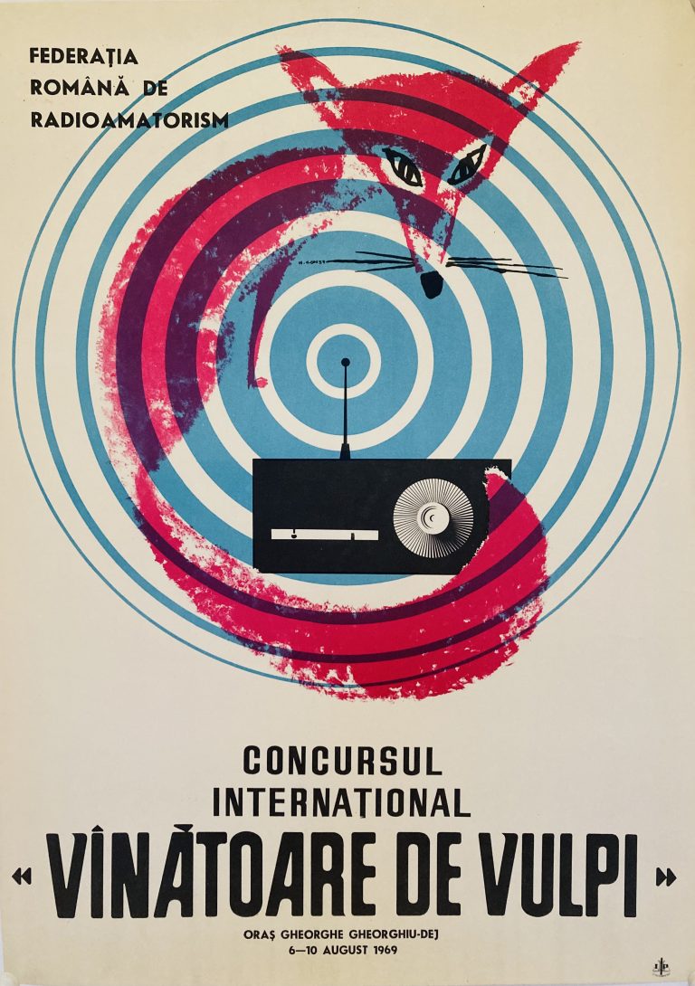 Vinatoare de Vilpi poster; Pink fox curled around a black radio against background of blue target