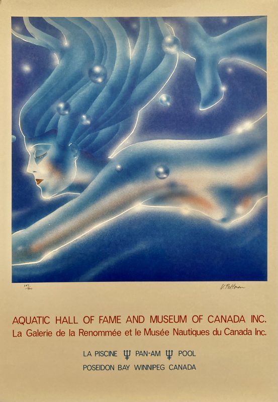 Aquatic Hall of Fame Canada poster; Stylised gril swimming underwater against blue sea background