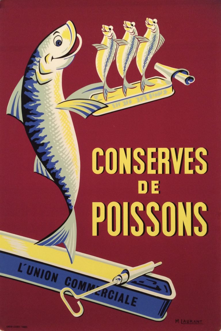 poster advertising canned fish; Happy fish frolicking on cans of tinned fish, dark red background