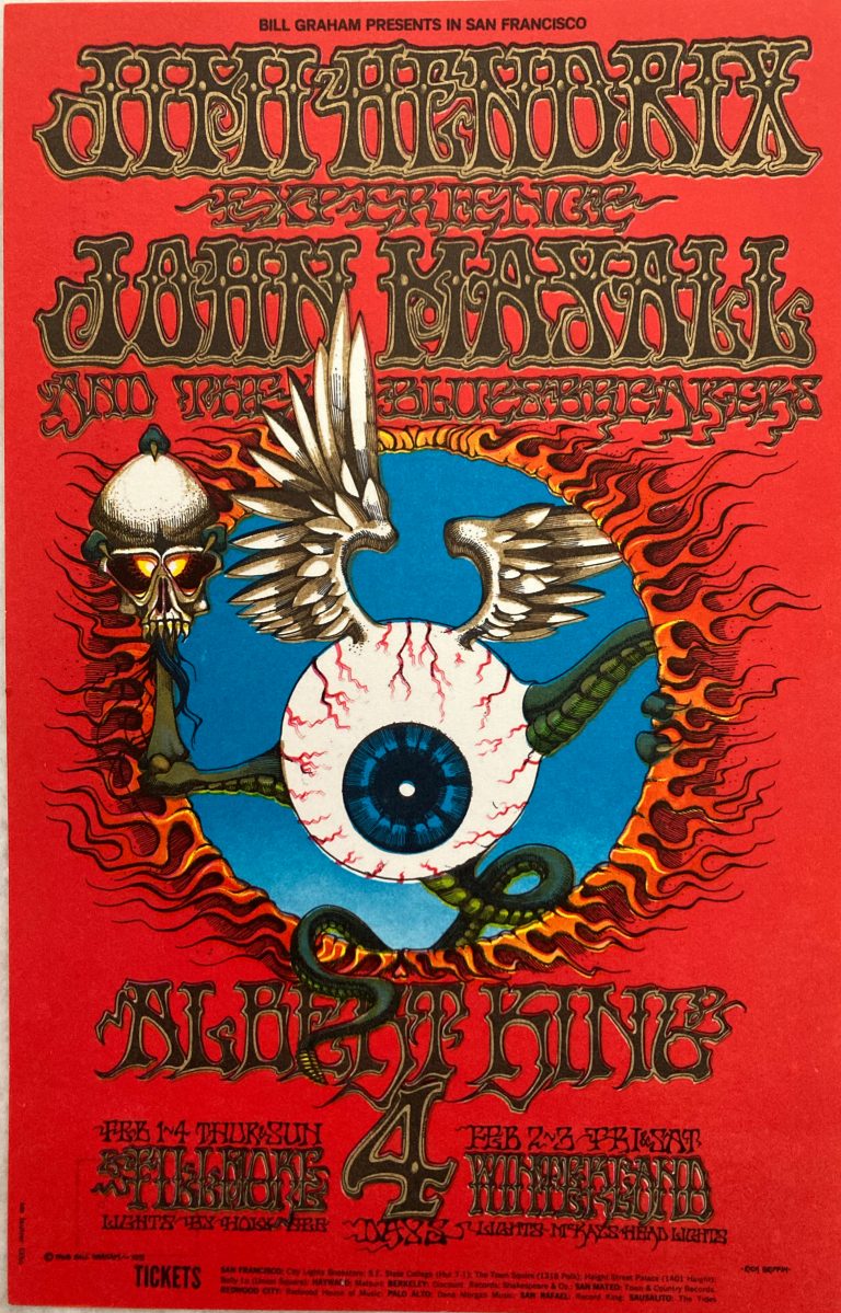 Jimi Hendrix psychedelic postcard; Psychedelic design of a flying eyeball