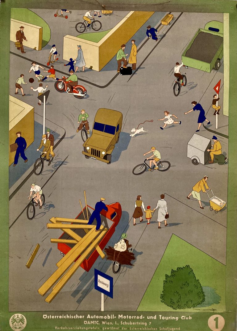 Austrian school poster motoring; Lively Austrian street scene, motorcylist, cyclists