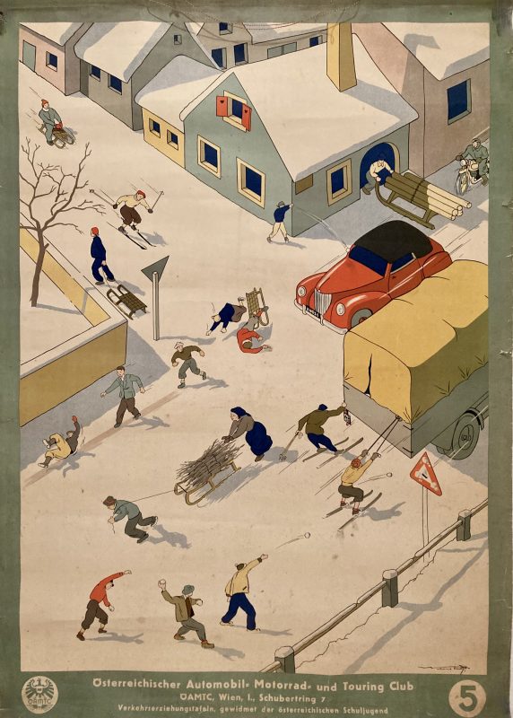 Austrian Motoring club poster; Winter street scene, people skiing, toboganning, snowballing