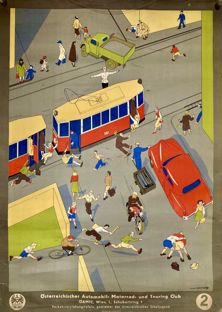 Austrain motoring poster; Street scene with trams and passengers jumping on and falling