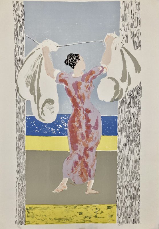 Standing woman lithograph; Woman hangs out washing on washing line.