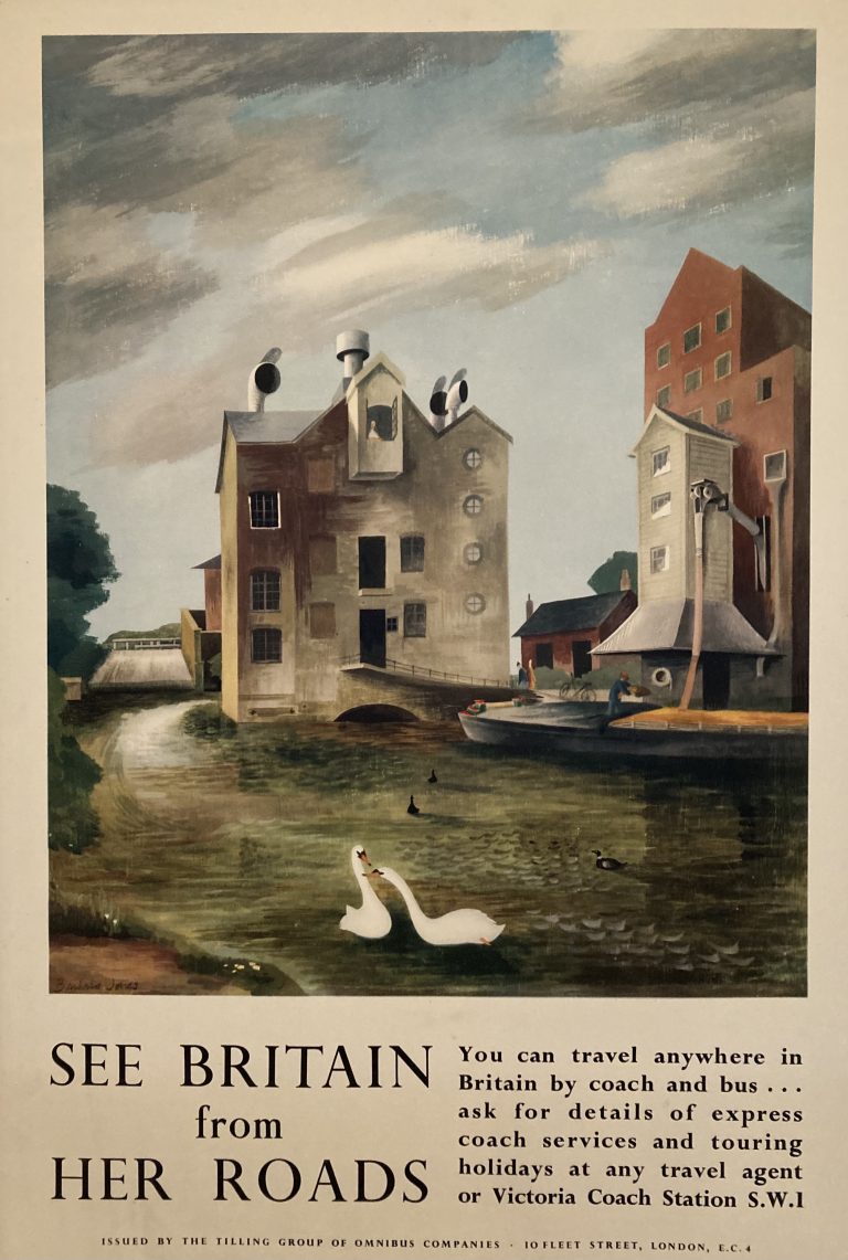 See Britain from her Roads poster; Rural scene with buildings, surrealistic style