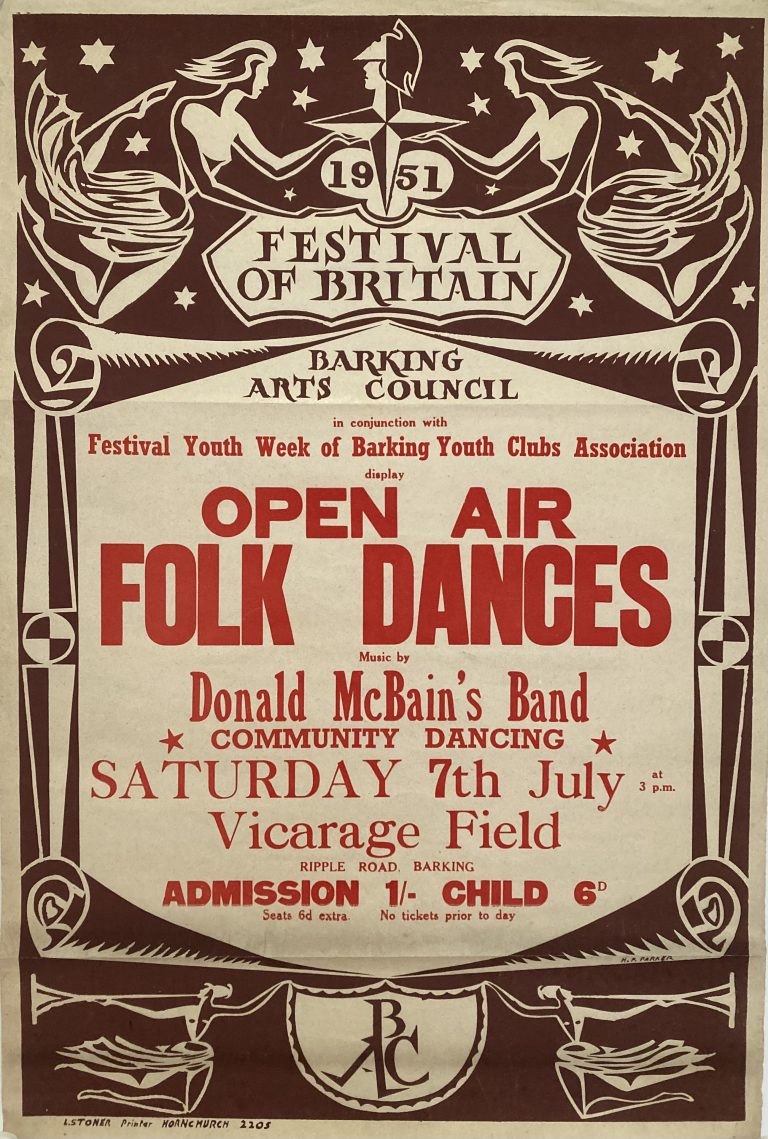 Festival of Britain poster; Surrounding silkscreen design and lettering for Folk Dances during Festival of Britain