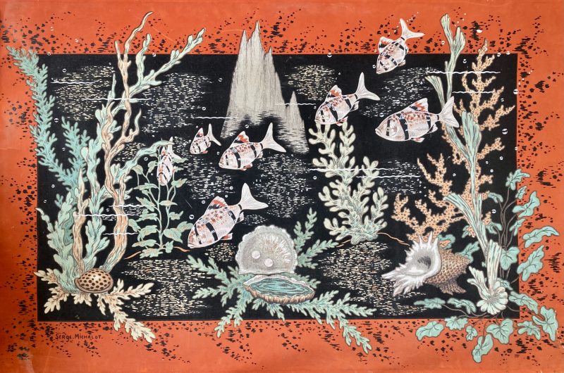 wallpaper design; fish swimming through coral, large orange border