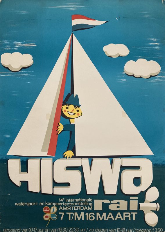 Amsterdam boat show poster; Sailboat with child smiling aboard, blue background