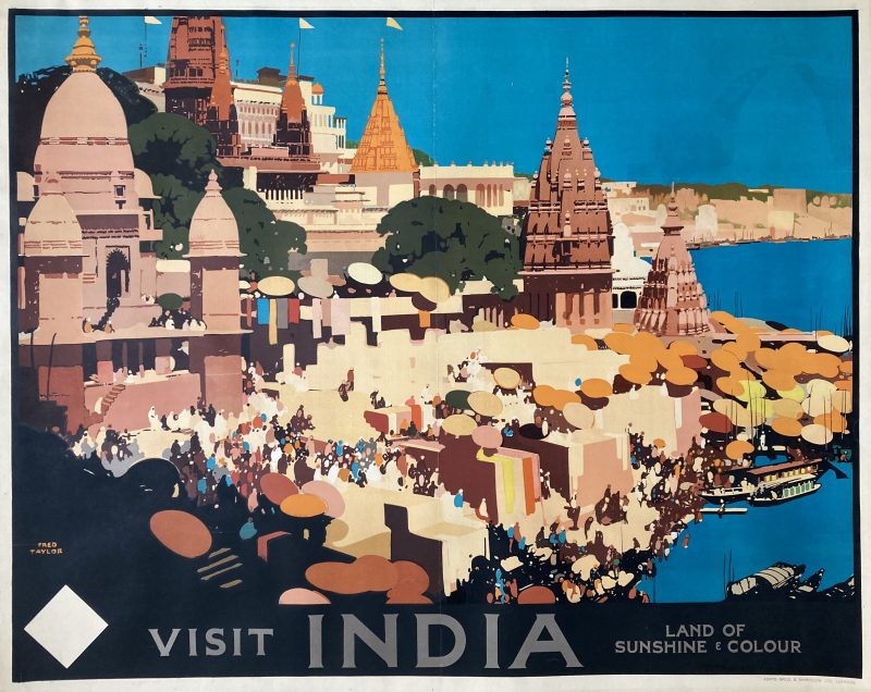 Visit India poster Benares; Colourful stylised scene of Benares (Varanesi) ghat.