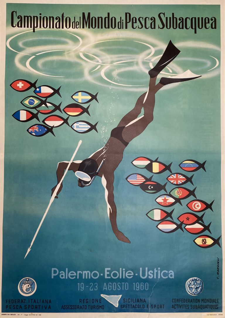 World championship of underwater fishing 1960; Free diver swimming down surrounded by flag- decorated fish