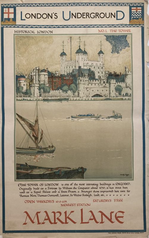 London Transport poster Tower of London; Scene of River Thames with Tower of London in background