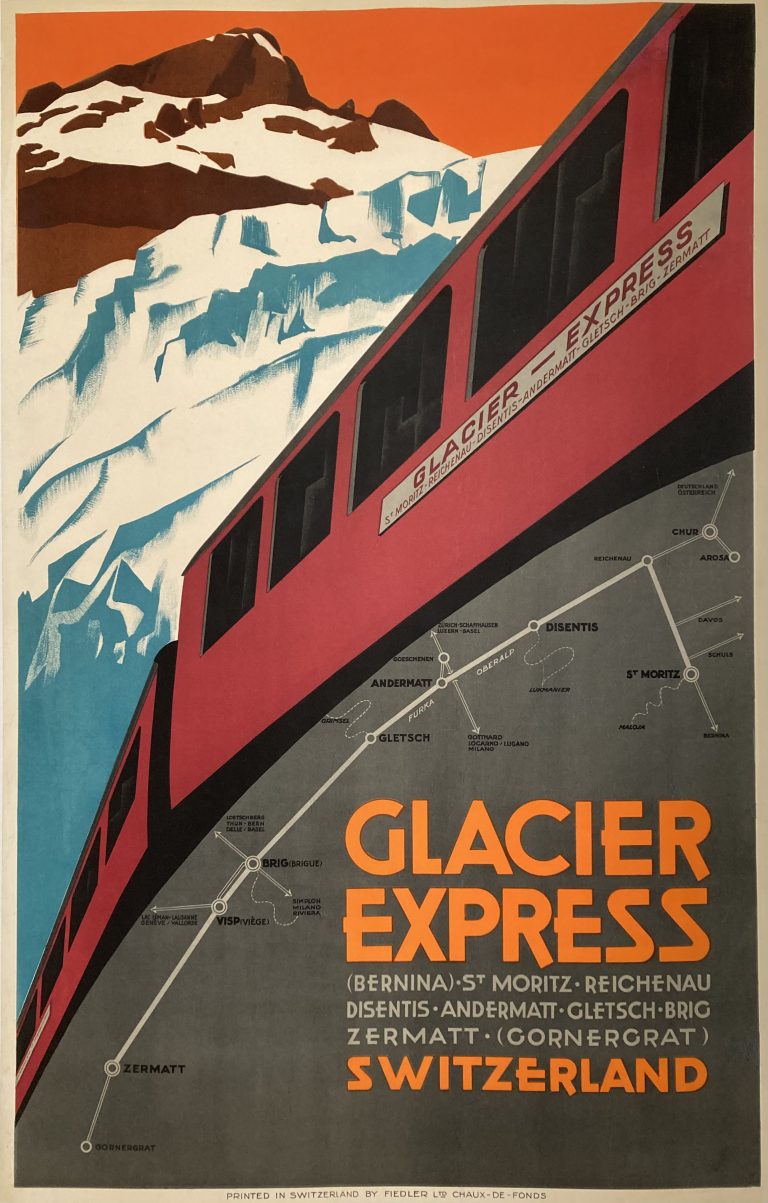 Glacier Express Swiss poster; train traveling uphill on mountain road with snowy mountain background