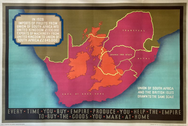 South African Empire Marketing Board poster; Map of South Africa in bright pink with the British islands drawn to same scale in orange