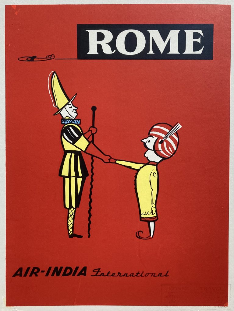 Air-India poster for Rome; The Maharajah shakes the hand a of a Vatican Guard. Red background