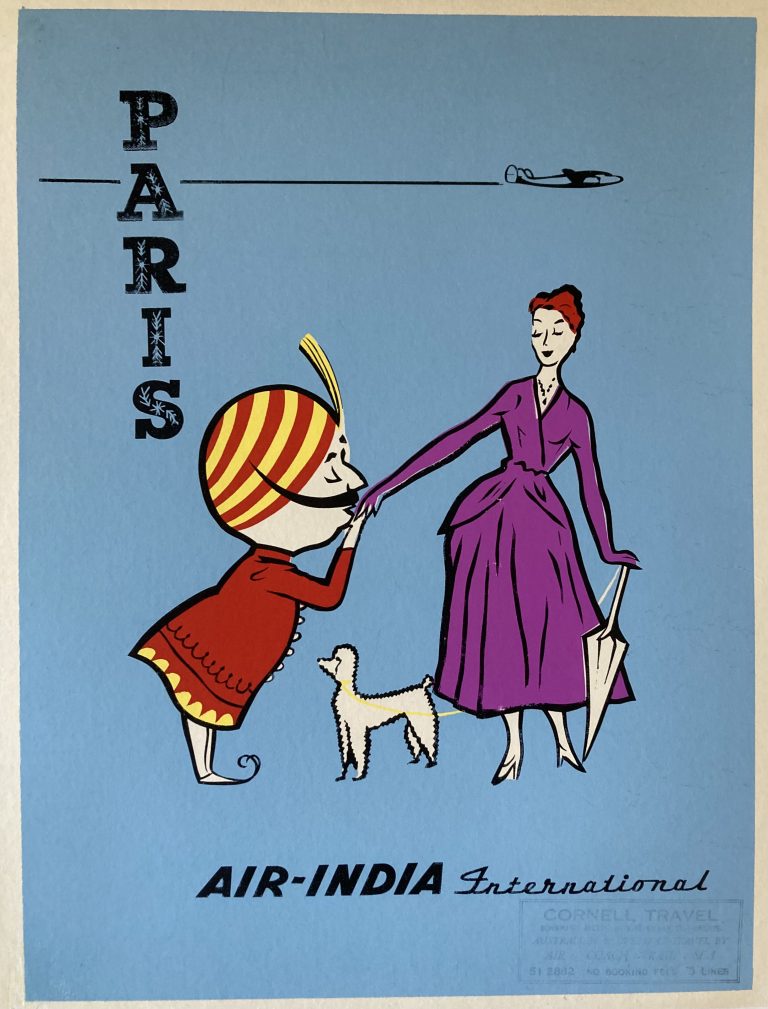 Air-India International to Paris poster; The Air-India Maharajah kisses the hand of a Parisian woman; she is wearing a purple dress and has a white poodle on a lead