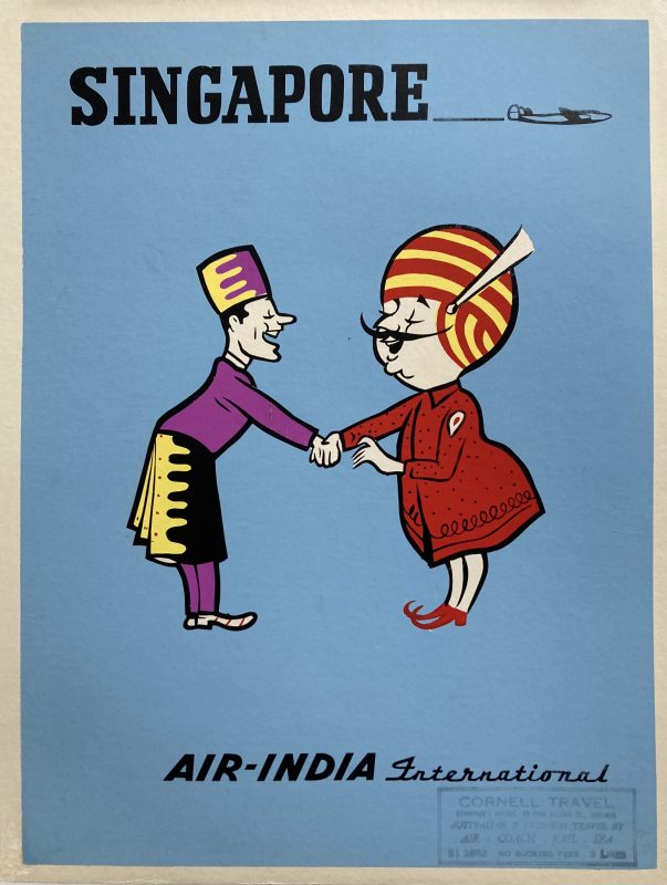 Singapore Air India poster; Air India Maharajah shaking hands with a man; blue background