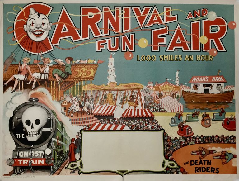 Carnival and Fun Fair poster; Scene of Fun Fair with Ghost Train and Death Ride